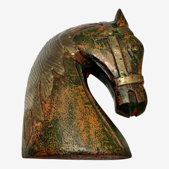 Horse Bust Profile Sculpture Bookend Brass Halter And Mane Over Painted Wood VTG - Picture 3 of 16
